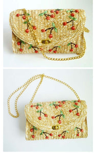 Bohemia Vacation Beach Bag Hand Embroidered Cherry Straw Woven Bag Diagonal Bag