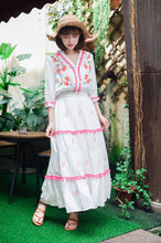Load image into Gallery viewer, Floral Embroidered Hippie White Long Sleeve Pompom Maxi Dress