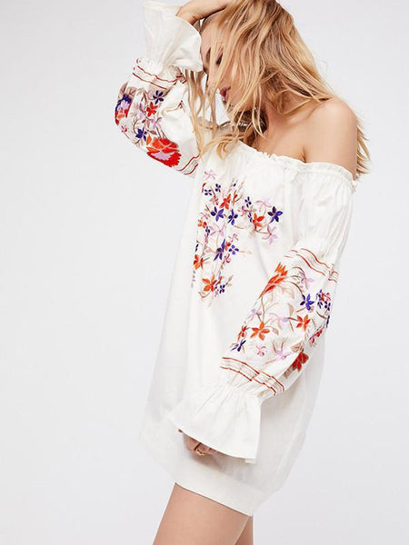 Pretty Sweety Flower Inwrought Long Sleeve Off-Shoulder Mini Dress