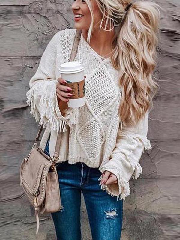 Tassel Knitting Solid Color Pullover Sweater