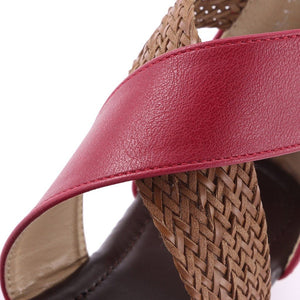 Fashion New Fish Mouth Leather Canvas Women Weave Wedge Heel Shoes Zipper Sandals Casual Beach Sandals Roman Shoes