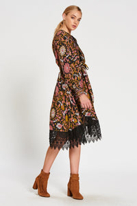 Boho Vintage Floral V-neck Lace-up Lace Loose Midi Dress