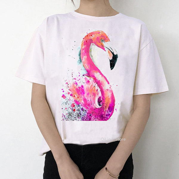 Women Summer Vintage Watercolor Flamingo Animal Printed T-shirt
