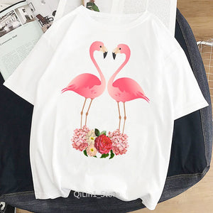 Women Summer Vintage Watercolor Flamingo Animal Printed T-shirt