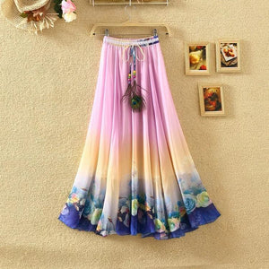 Print Floral Boho Style Long Skirt Huge Hem Chiffon Bohemian Skirt - 1