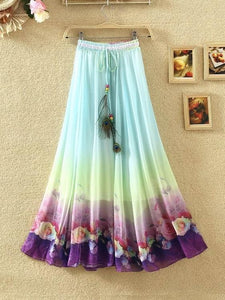 Print Floral Boho Style Long Skirt Huge Hem Chiffon Bohemian Skirt - 1