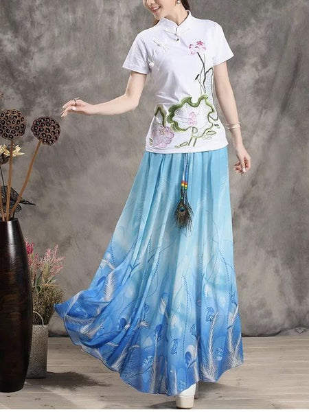 Print Floral Boho Style Long Skirt Huge Hem Chiffon Bohemian Skirt - 2