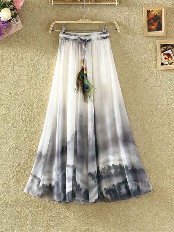 Print Floral Boho Style Long Skirt Huge Hem Chiffon Bohemian Skirt - 3