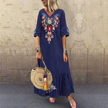 Load image into Gallery viewer, Women Casual Boho Floral Embroidery V-Neck Ruffled Linen Maxi Kaftan Midi Dresses