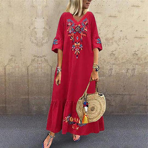 Women Casual Boho Floral Embroidery V-Neck Ruffled Linen Maxi Kaftan Midi Dresses