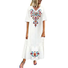 Load image into Gallery viewer, Women Casual Boho Floral Embroidery V-Neck Ruffled Linen Maxi Kaftan Midi Dresses