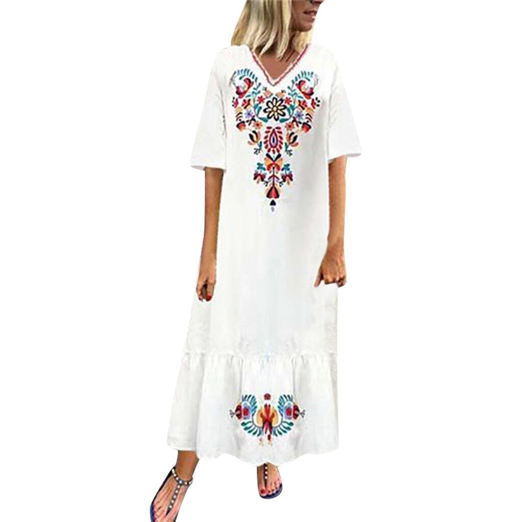 Women Casual Boho Floral Embroidery V-Neck Ruffled Linen Maxi Kaftan Midi Dresses