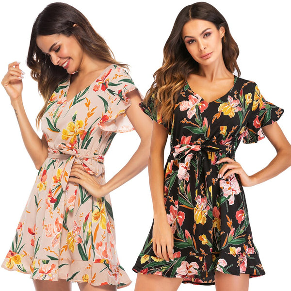 Women Floral Dress Bohemian Mini Ruffle Dress V Neck