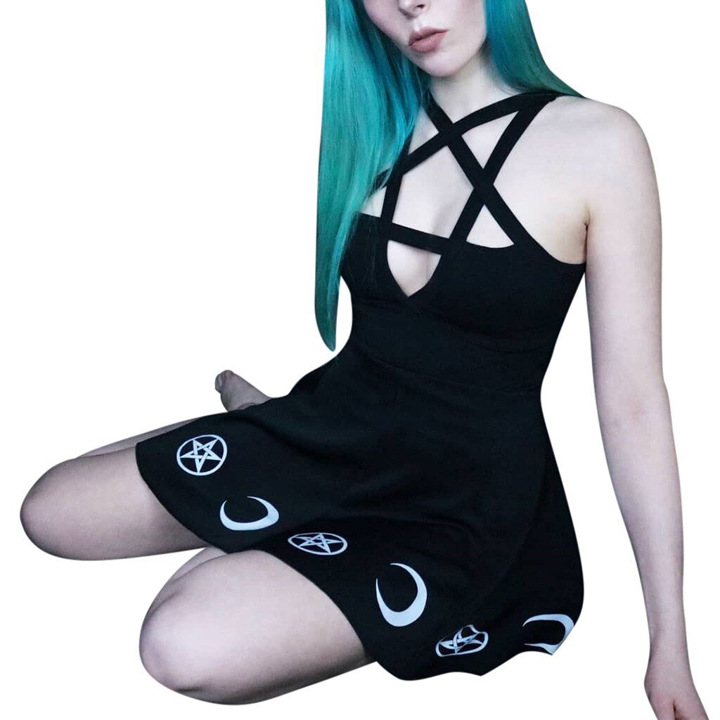 Women Gothic Style Punk Black Moon Star Print Sleeveless Hollow Out Mini Dress