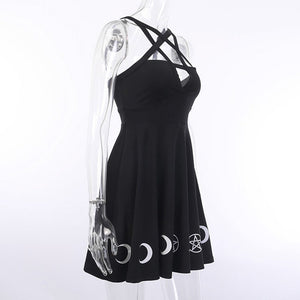 Women Gothic Style Punk Black Moon Star Print Sleeveless Hollow Out Mini Dress