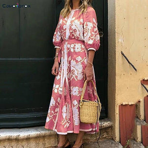 Women Plus Size Retro Printed Long Sleeve Dress O-neck Loose Style Casual Beach Style Holiday Soft Comfortable Dress
