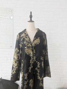 Women Retro Black Floral Print Cardigan Long Sleeves Vintage Jacket Slim Elegant Coat Outwear