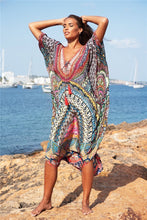 Load image into Gallery viewer, Women Retro Print Beach Cover Up Long Kaftan Dress Sun Protection Beachwear