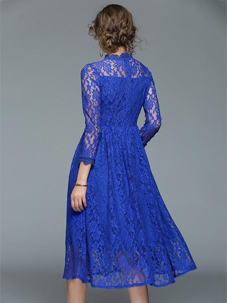 Lace Hollow Waisted Midi Evening Dress