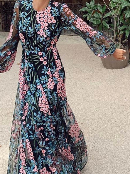 Women Floral Vintage Long Sleeve Backless Long Maxi Dress