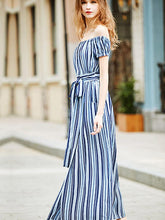 Load image into Gallery viewer, Beach Off the Shoulder Stripes A-Line Pocket Lace Up Maxi Dress