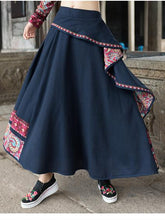 Load image into Gallery viewer, Cotton and Linen Embroidery Ethnic Style High Waist Patchwork Vintage Midi Skirts