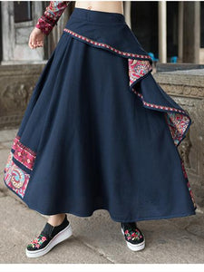 Cotton and Linen Embroidery Ethnic Style High Waist Patchwork Vintage Midi Skirts