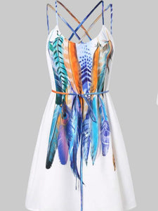 Women Casual Printed Feathers Pattern Dress Cami Strap Loose Sashes fashion Mini dress women