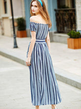 Load image into Gallery viewer, Beach Off the Shoulder Stripes A-Line Pocket Lace Up Maxi Dress