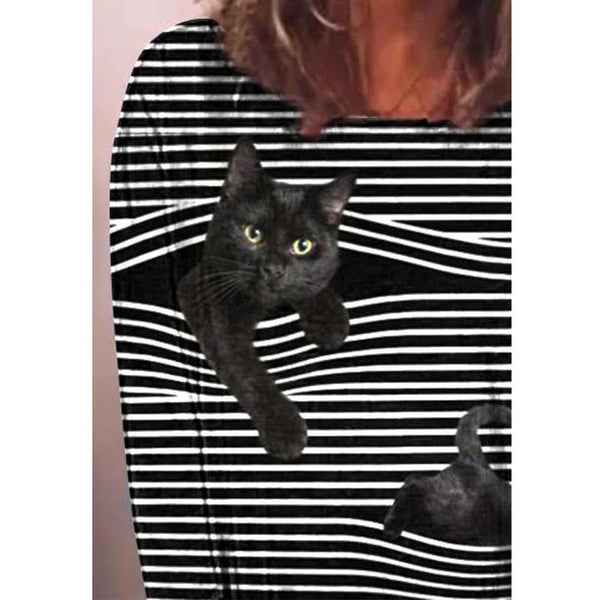 Cat Print Round Neck Long Sleeve Women's T-shirt