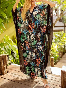 Tropical Floral Print Kaftans Batwing Sleeve V-neck Beach Caftans Dress