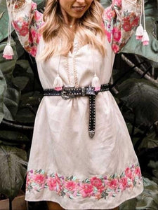 Floral Embroidery V-neck Tassel Puff Sleeves Boho Mini Dress