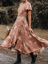 Load image into Gallery viewer, Bohemian Floral Hollow Asymmetrical Ruffled Hem Flowing Dress