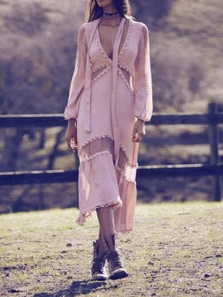 V-Neck Pink Long-Sleeve Patchwork Lace Boho Party Dress