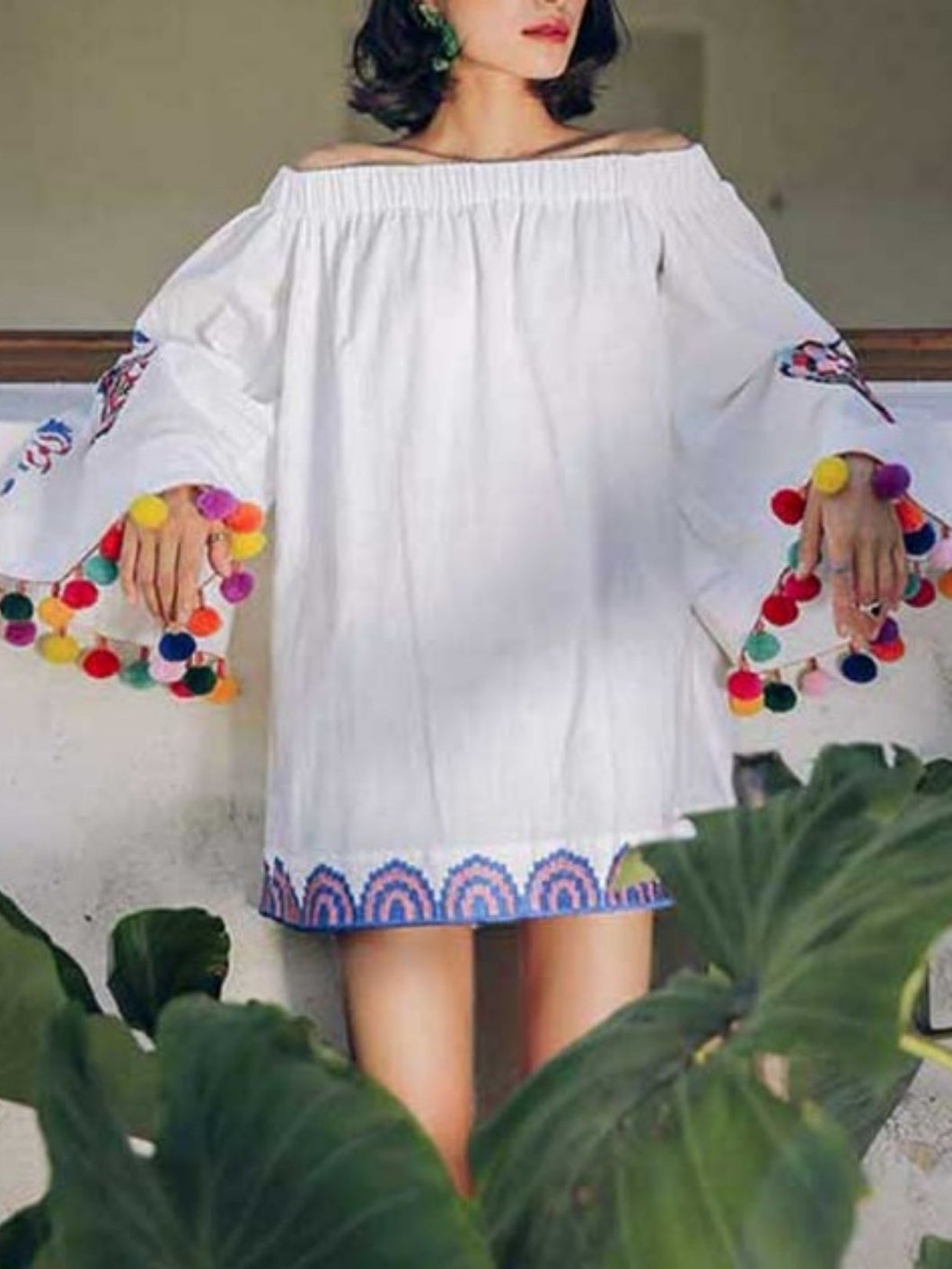Pom Pom Off Shoulder Long Sleeve Embroidery Summer Mini Dress
