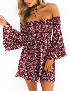 Ruched Off Shoulder Flare Sleeve Printed Mini Dress