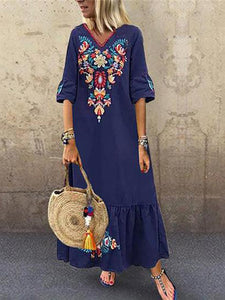 Women Casual Boho Floral Embroidery V-Neck Ruffled Linen Maxi Kaftan Midi Dresses