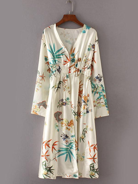 Sexy Boho Deep V Neck Floral Printed Long Sleeves Dress