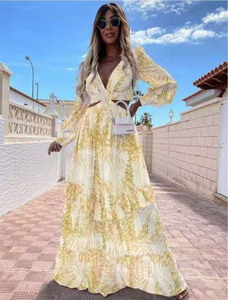 New long sleeve printed hollow long dress in summer