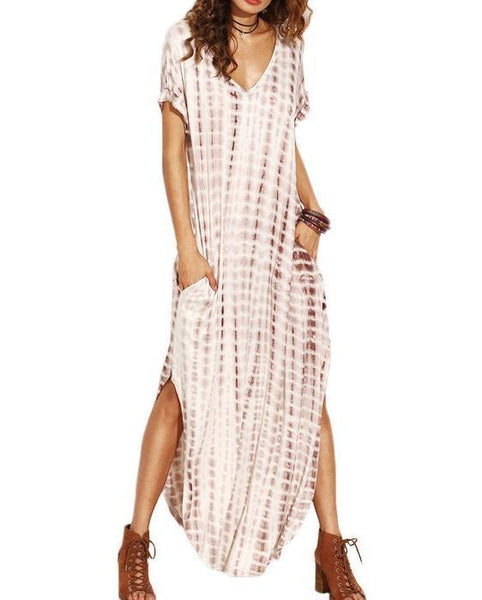 Summer Printed V-Neck Short Sleeve Beach Long Dress