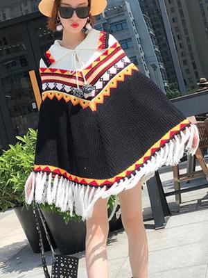 Folk Style Tassel Knit Shawl Cloak Sweater
