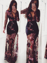 Load image into Gallery viewer, Women See Through Black Gauze Mesh  Lace Sexy Deep V-neck Bodycon Floral Dress