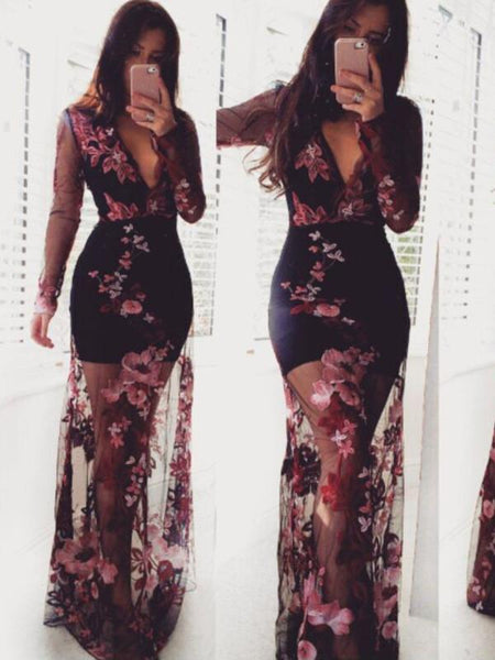 Women See Through Black Gauze Mesh  Lace Sexy Deep V-neck Bodycon Floral Dress