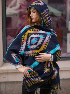 Autumn And Winter Vintage Bohemian National Style Imitation Wool Thickening Warm Hooded Cloak Shawl
