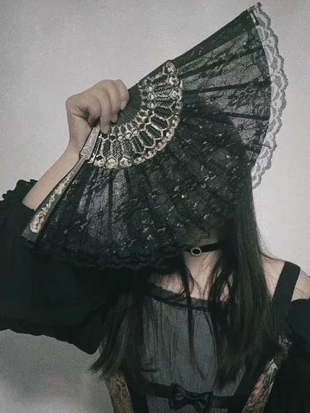 Charming Gothic Lolita Dark Lace Tassel Fans