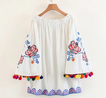 Load image into Gallery viewer, Pom Pom Off Shoulder Long Sleeve Embroidery Summer Mini Dress