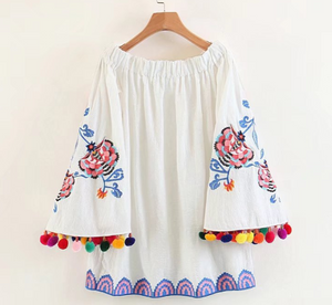 Pom Pom Off Shoulder Long Sleeve Embroidery Summer Mini Dress