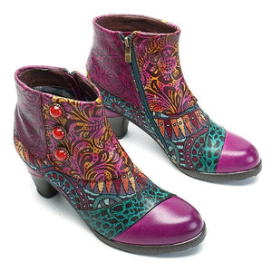 Boho Splicing Pattern Button Zipper Ankle Leather Boots