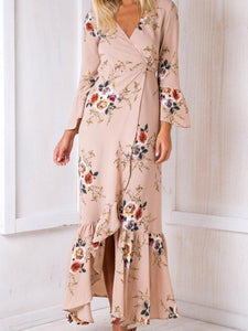 Floral-Print Long Sleeves Bohemia Maxi Dress