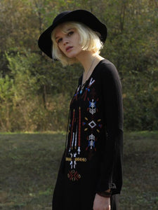 Bohemia Embroidery Long Sleeve Side Split Maxi Dress
